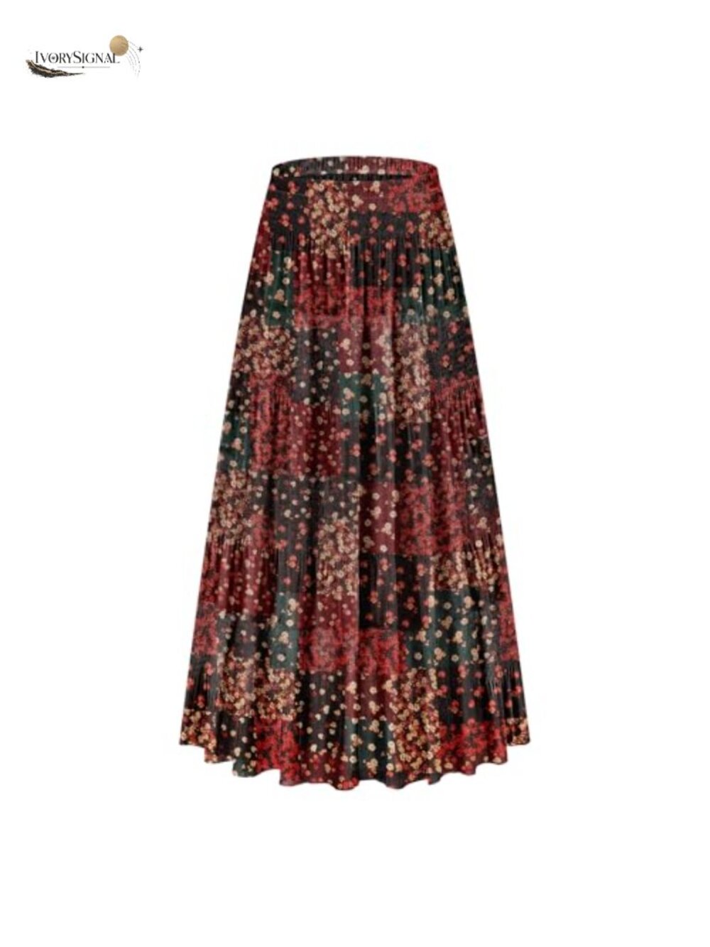 Women's Chiffon Elastic High Waist Tiered Pleated Floral A-Line Boho Maxi Skirt